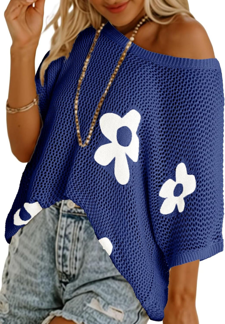 Floral Cute Tops Short Sleeve Crochet Cover Ups