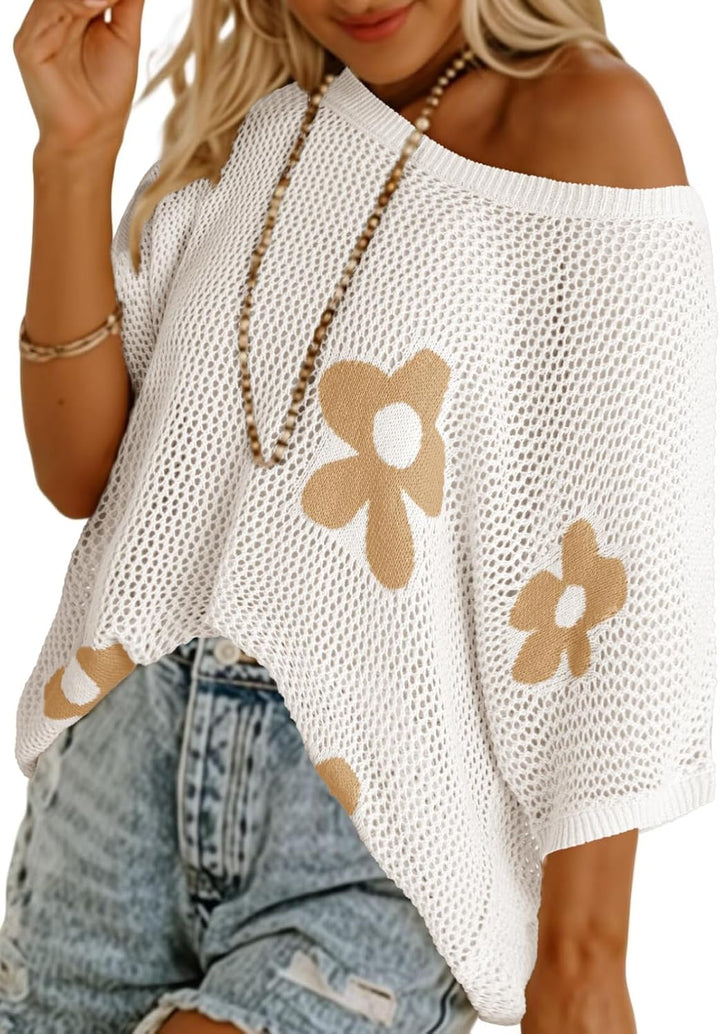 Floral Cute Tops Short Sleeve Crochet Cover Ups