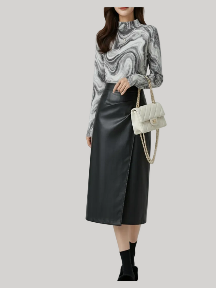 Jupe midi en cuir froncée