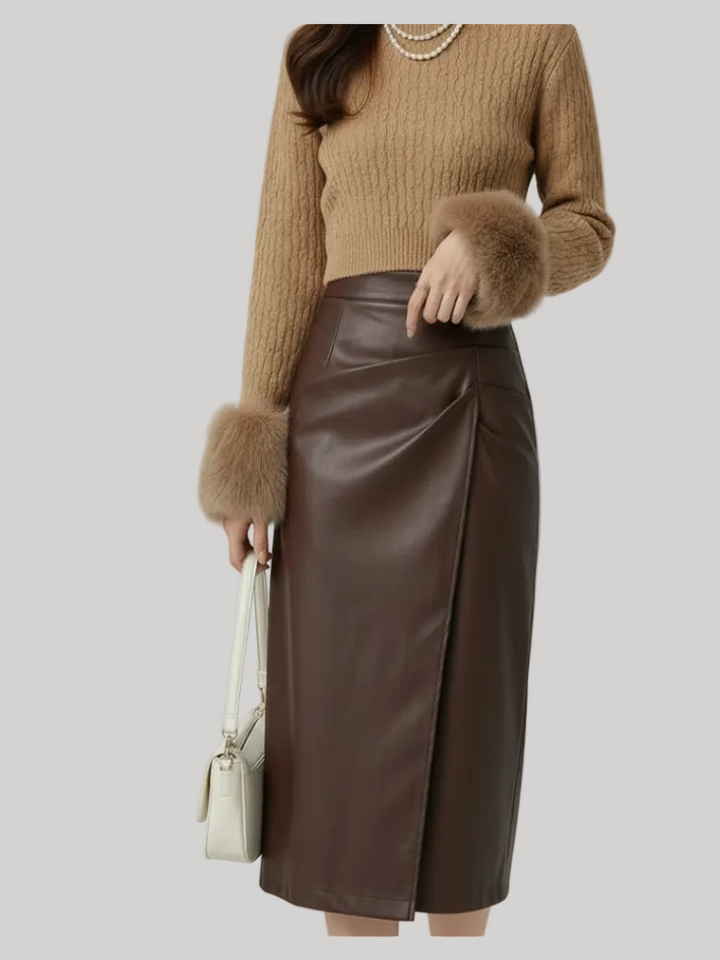 Jupe midi en cuir froncée