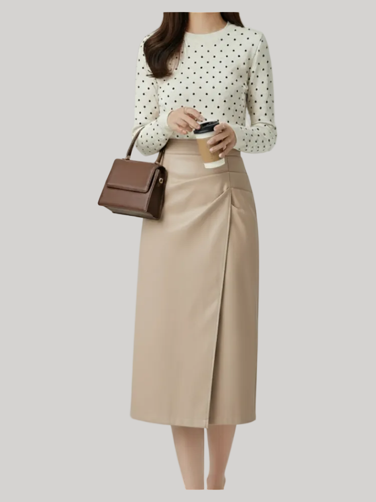 Jupe midi en cuir froncée