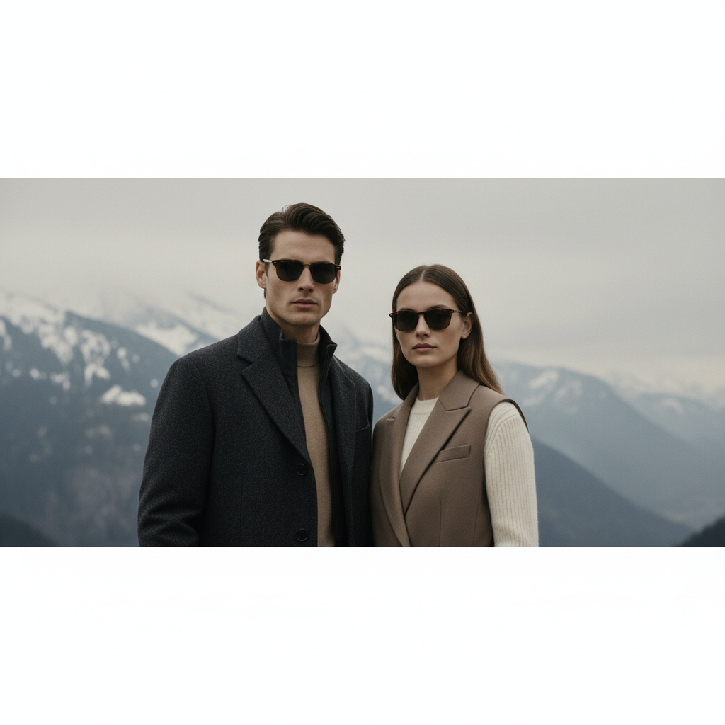 Two people wearing sunglasses with a mountainous background
